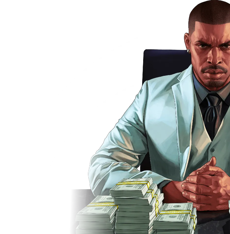 Serious man in a white suit sitting at a desk with stacks of money, looking determined and confident