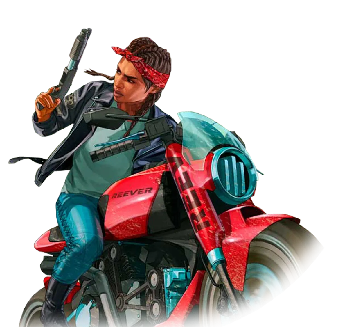 A stylized illustration of a person with braided hair wearing a leather jacket and a red bandana, sitting on a red futuristic motorcycle labeled Reever